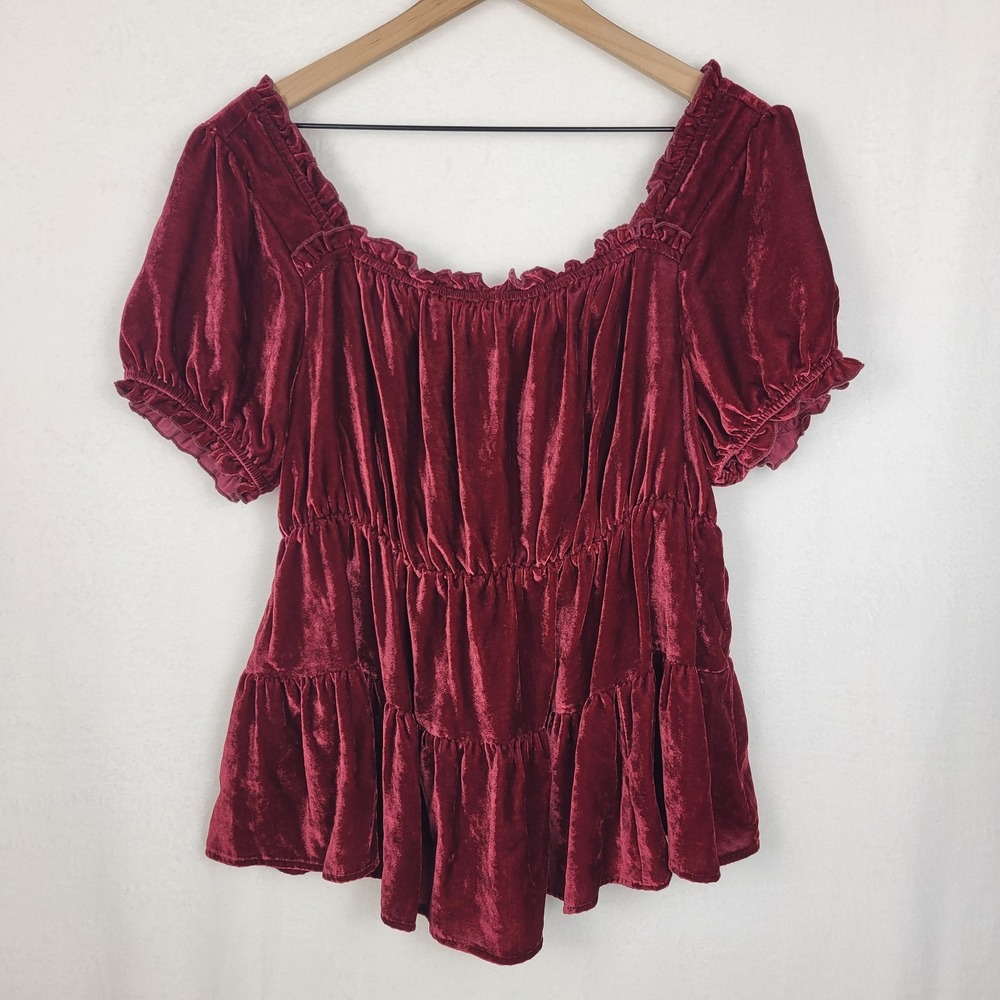 Torrid Velvet Tiered Babydoll Top Sz 1 (14-16) Burgundy Boho Romantic Whimsigoth - Picture 4 of 9